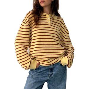 Women's Oversized Striped Knit Polo Sweater Color Block Casual Streetwear